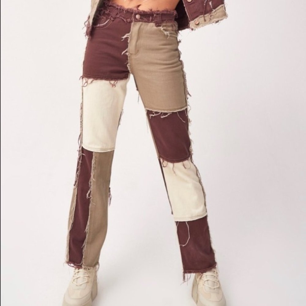 Brown Patchwork Denim Boyfriend Jeans JADED LONDON